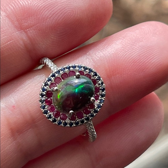 Black Opal, Ruby & Sapphire Ring in 925 Sterling Silver Size 6 CZ Accent - Picture 4 of 10